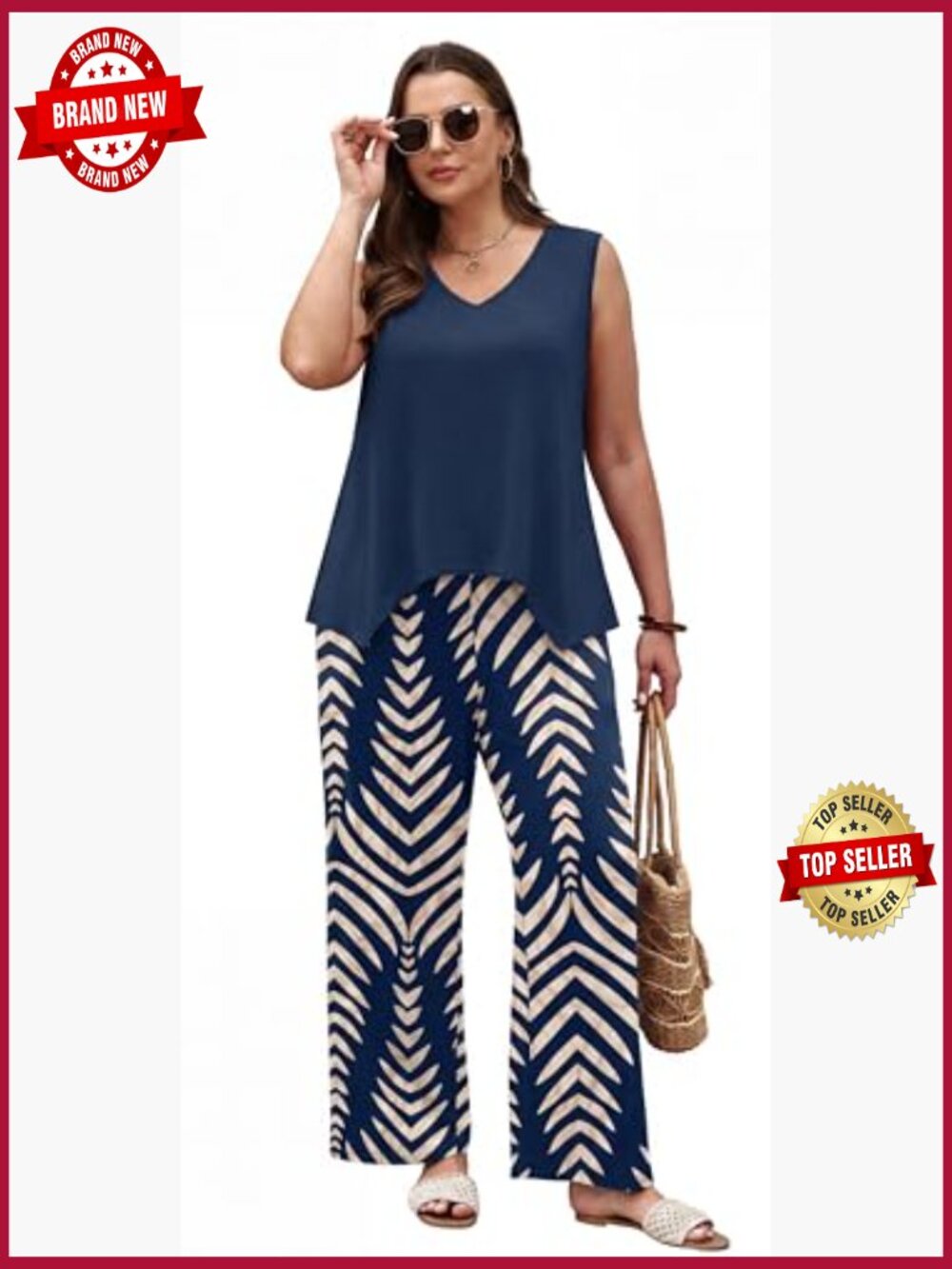 Two Piece Lounge Set Sleeveless Wide Leg Pants Set Summer Cruise Vacation - Picture 6 of 7